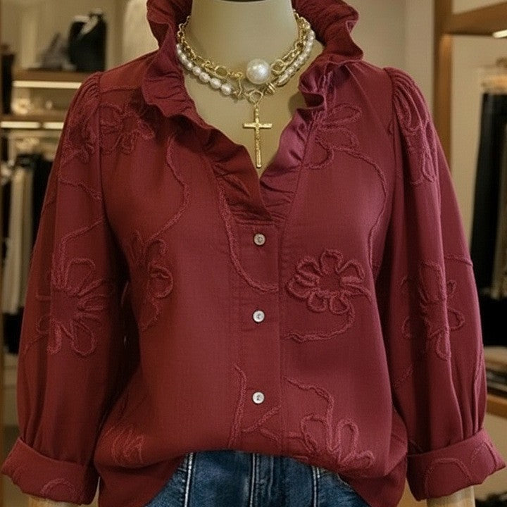 Damen elegante Bluse mit floralen Stickereien und voluminösen Ärmeln Drune