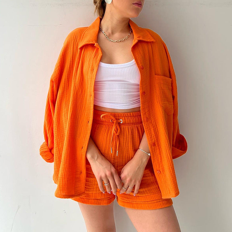 Damen Dreiteiliges Leinenoptik-Lounge-Set mit offenem Hemd, Crop-Top und hoher Taillen-Shorts Drune
