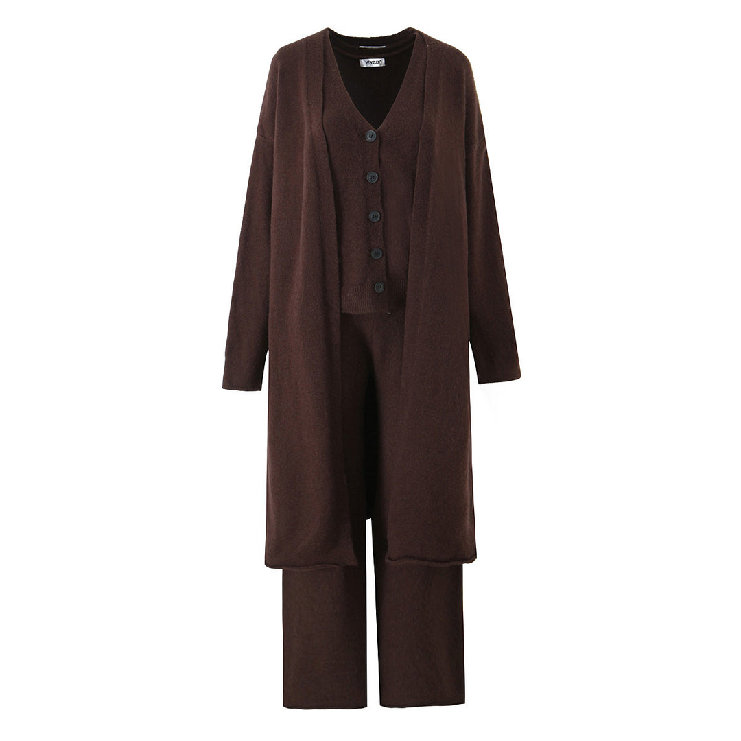 Damen elegantes Strickset mit langem Cardigan, Knopfleiste und weit geschnittenen Hosen Drune