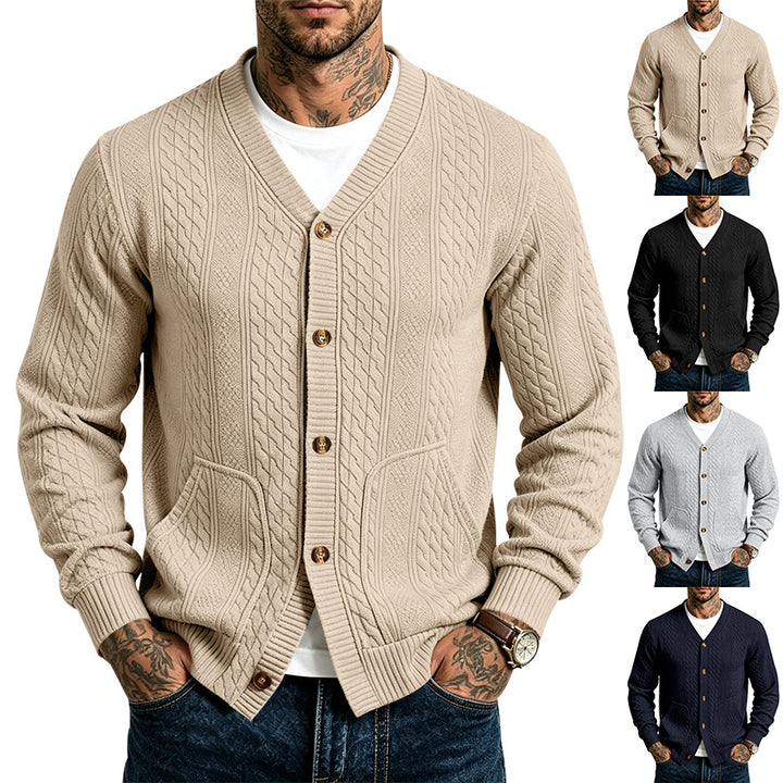 Herren strukturierter Strickcardigan mit Zopfmuster, V-Ausschnitt und aufgesetzten Taschen Drune