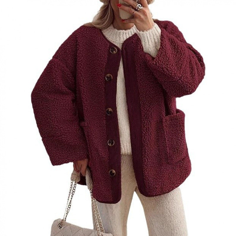 Damen Kuschelige Teddyjacke mit Knopfverschluss und aufgesetzten Taschen Drune