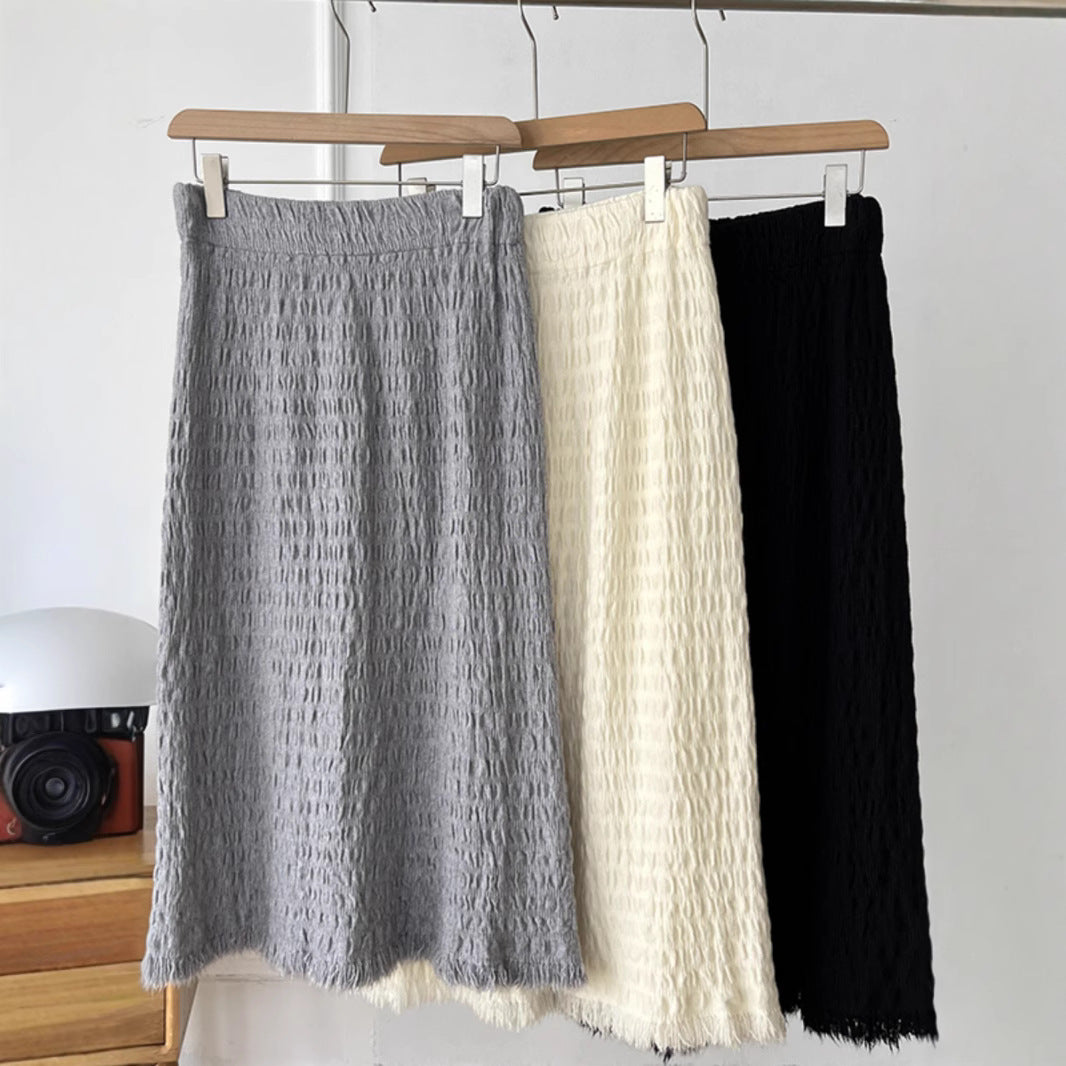 Damen Langer Strickrock mit fransigem Saum und strukturiertem Design Drune