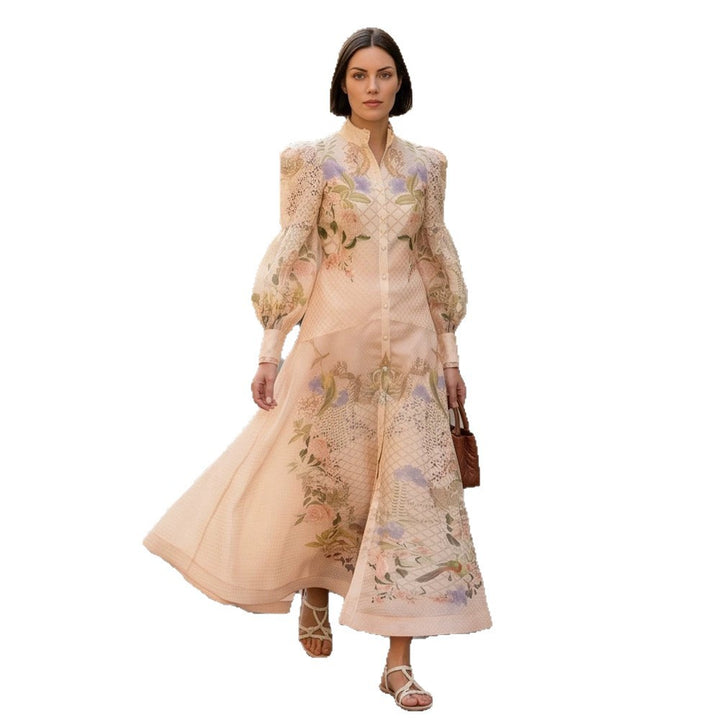 Damen Maxikleid mit floralem Druck, durchgehender Knopfleiste und voluminösen Puffärmeln Drune