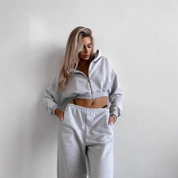 Damen lässiges Fleece-Loungewear-Set mit Kapuze und elastischen Bündchen Drune