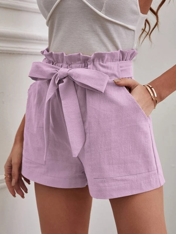 Damen Leichte Shorts mit dekorativem Bindegürtel und elastischem Bund Drune