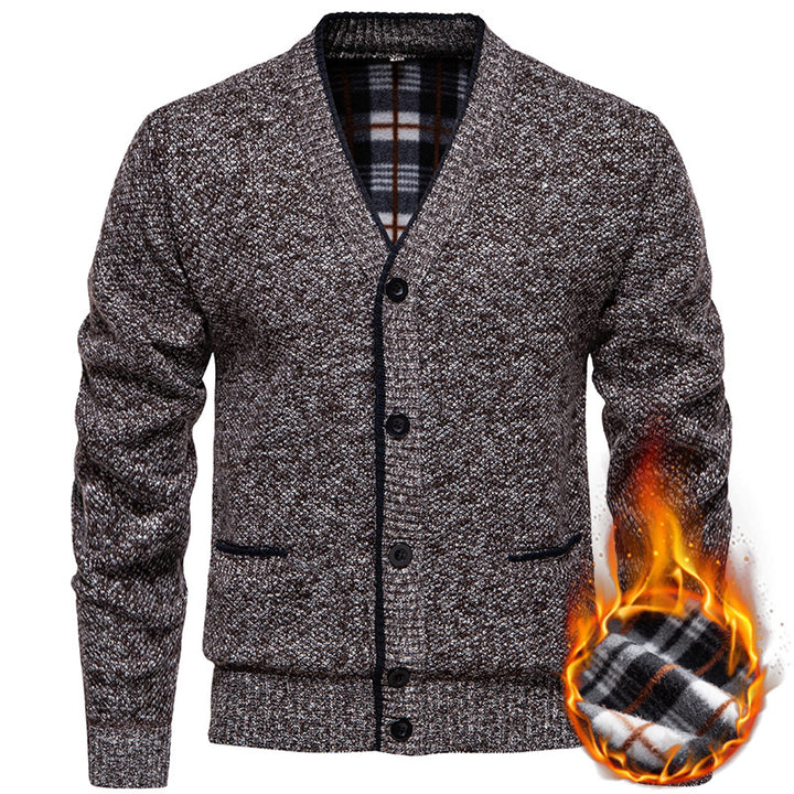 Herren Strukturierter V-Ausschnitt Strickcardigan mit kontrastierter Kante und kariertem Innenbesatz Drune