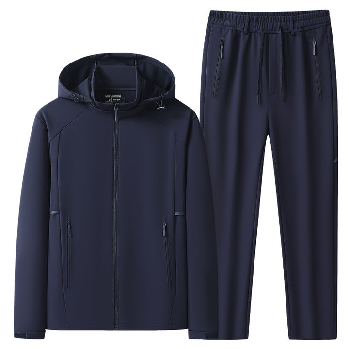 Herren Wetterfester Softshell-Trainingsanzug mit Kapuzen‑Zipjacke, Reißverschluss‑Taschen & konischer Jogginghose Drune