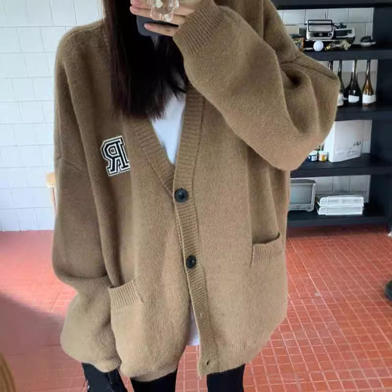 Damen lässige Strickjacke mit aufgesetzten Taschen und Knopfverschluss Drune