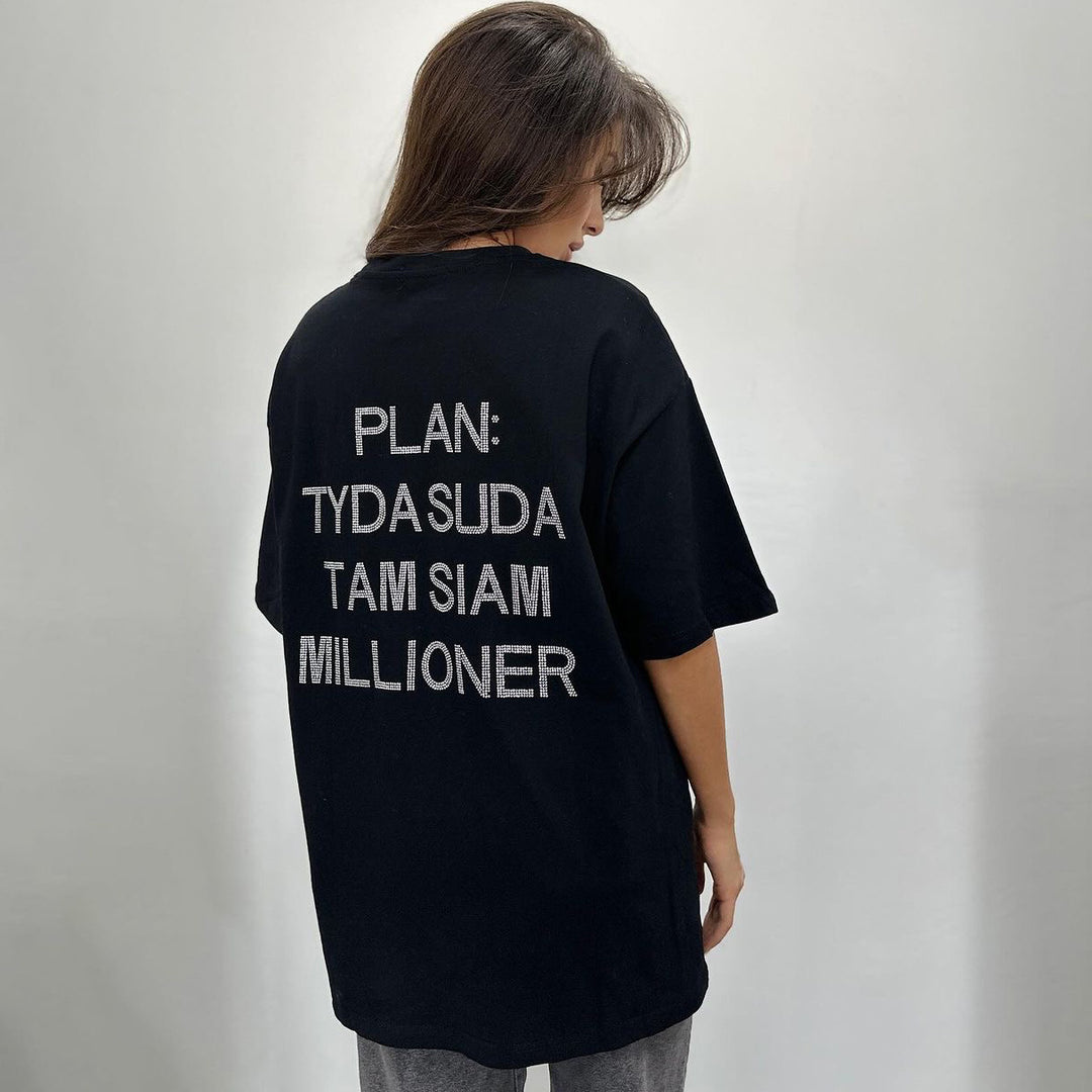 Damen oversized Statement-T-Shirt mit Strassschrift auf dem Rücken Drune
