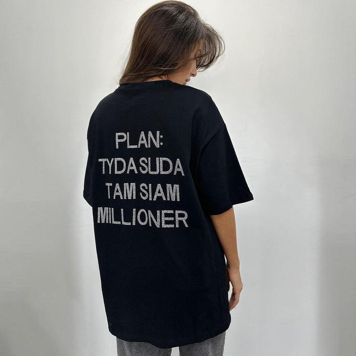 Damen oversized Statement-T-Shirt mit Strassschrift auf dem Rücken Drune