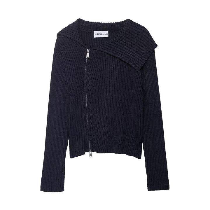 Damen stylischer Strickpullover mit asymmetrischem Kragen und Reißverschluss Drune