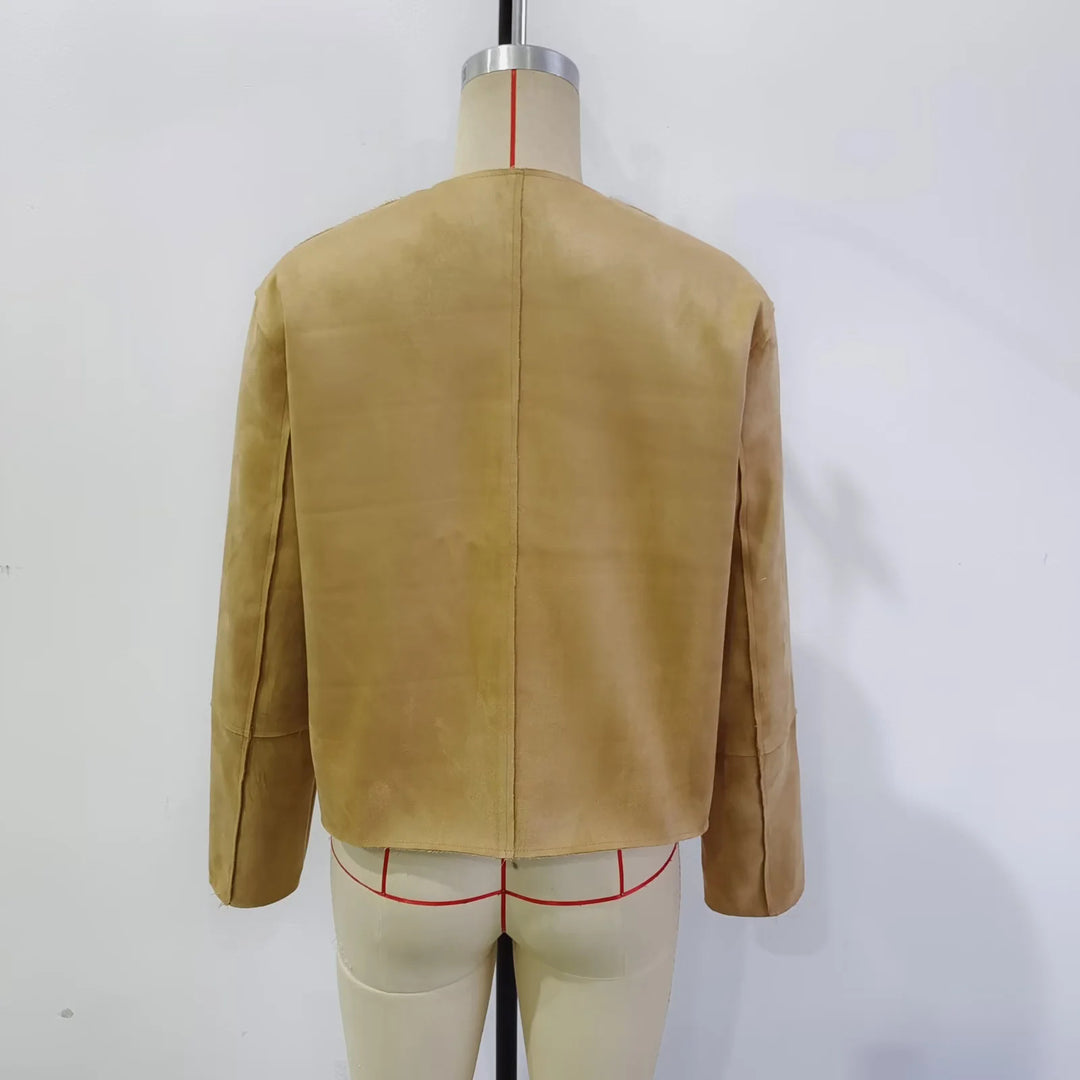 Damen nan kurze Boxy-Jacke aus weichem Wildlederimitat mit Rundhalsausschnitt und aufgesetzten Fronttaschen Drune