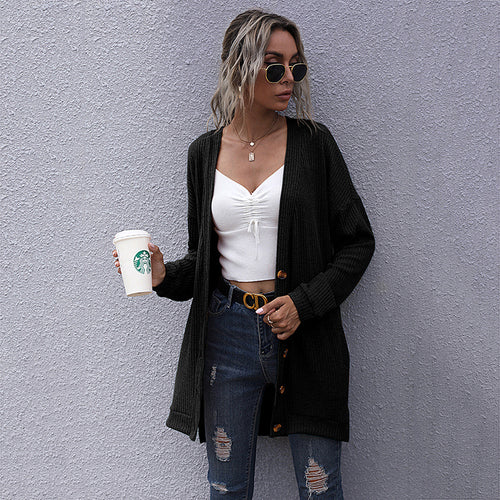 Damen Longline Rippstrick-Cardigan mit Knopfleiste, Eingrifftaschen und Oversize-Silhouette Drune