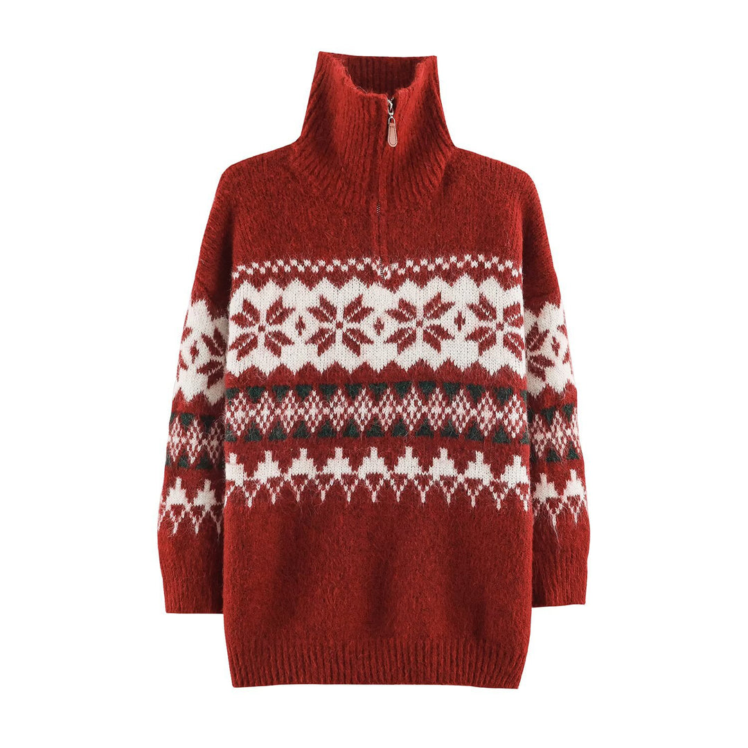 Damen Norwegermuster Strickpullover mit halbem Reißverschluss und Stehkragen Drune