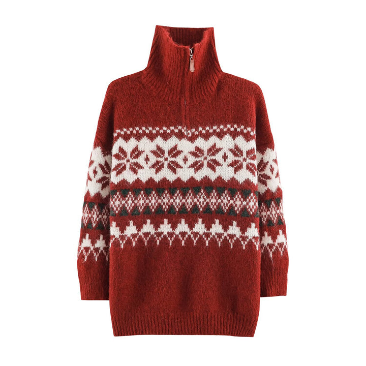 Damen Norwegermuster Strickpullover mit halbem Reißverschluss und Stehkragen Drune