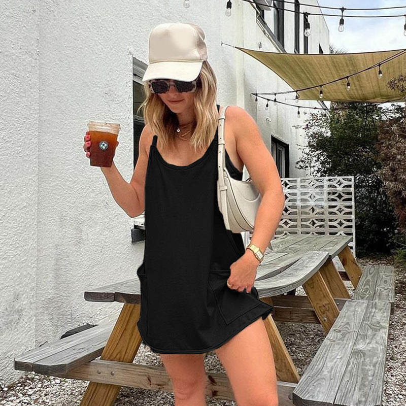 Damen ärmelloses Freizeitkleid mit Taschen und verstellbaren Trägern Drune