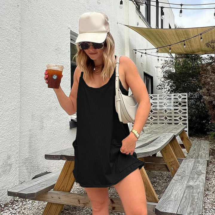 Damen ärmelloses Freizeitkleid mit Taschen und verstellbaren Trägern Drune