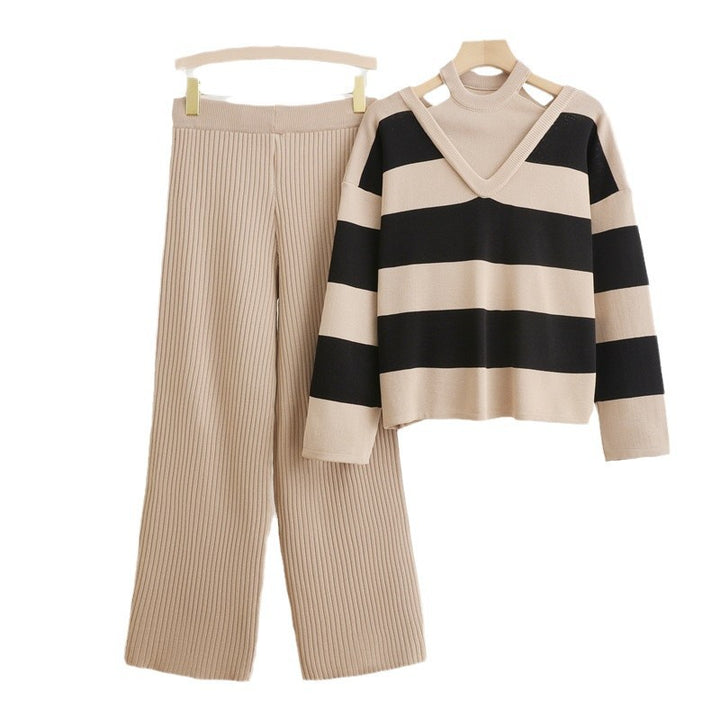 Damen modisches Strickensemble mit V-Ausschnitt und breiten Streifen Drune