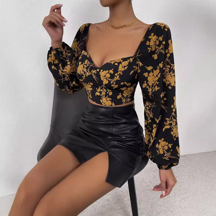 Damen Crop-Top mit floralem Muster und elegantem Puffärmel Drune