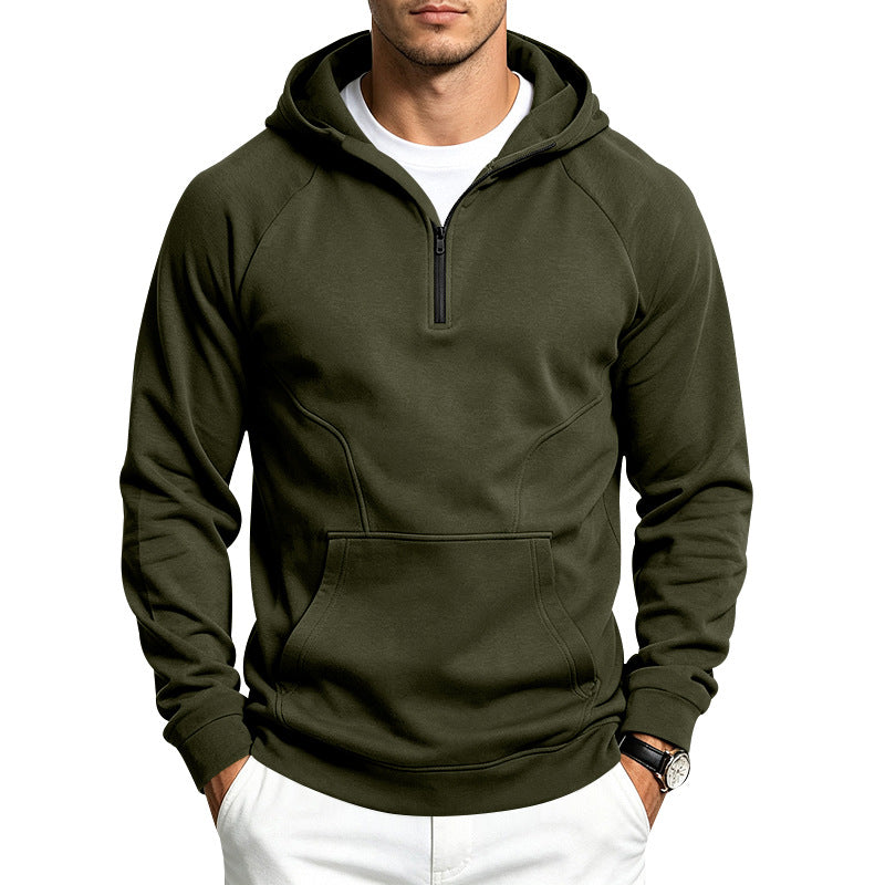 Herren Kapuzenpullover mit halbem Reißverschluss, sportlich-slim Fit und Kängurutasche Drune