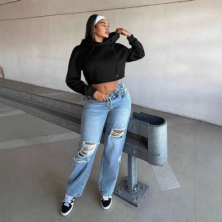 Damen kurzes Kapuzen-Sweatshirt Cropped-Hoodie mit Kordelzug gerippten Bündchen und lässiger Oversize-Passform Drune