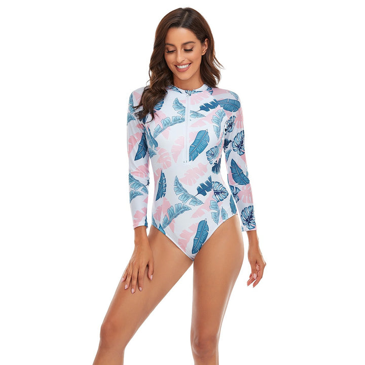 Damen Sportlicher Langarm-Badeanzug mit floralem Muster Drune