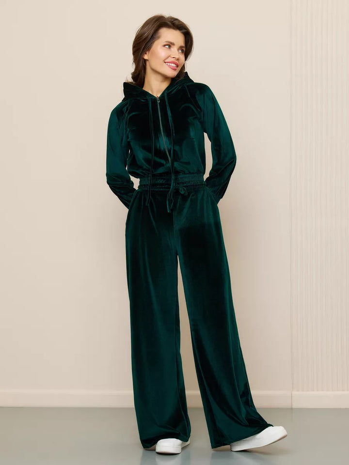 Damen luxuriöses Velours-Lounge-Set mit kurzem Reißverschluss-Hoodie und weitem Comfort-Hose Drune