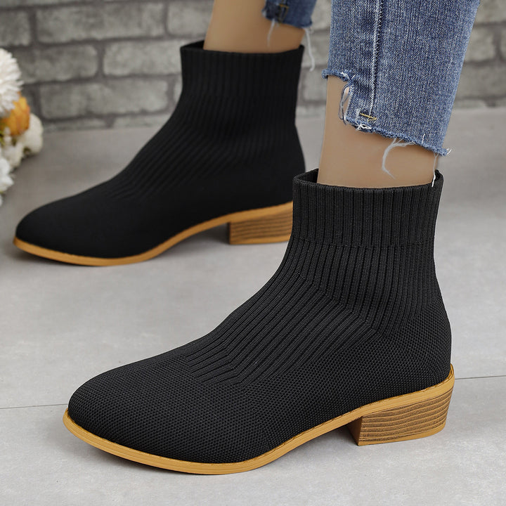 Damen nan gestrickte Sock-Ankleboots mit elastischem Schaft und niedrigem Holzblockabsatz Drune