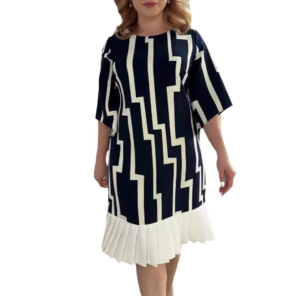 Damen nan grafisches A-Linienkleid mit plissiertem Saum und dreiviertelärmeln Drune