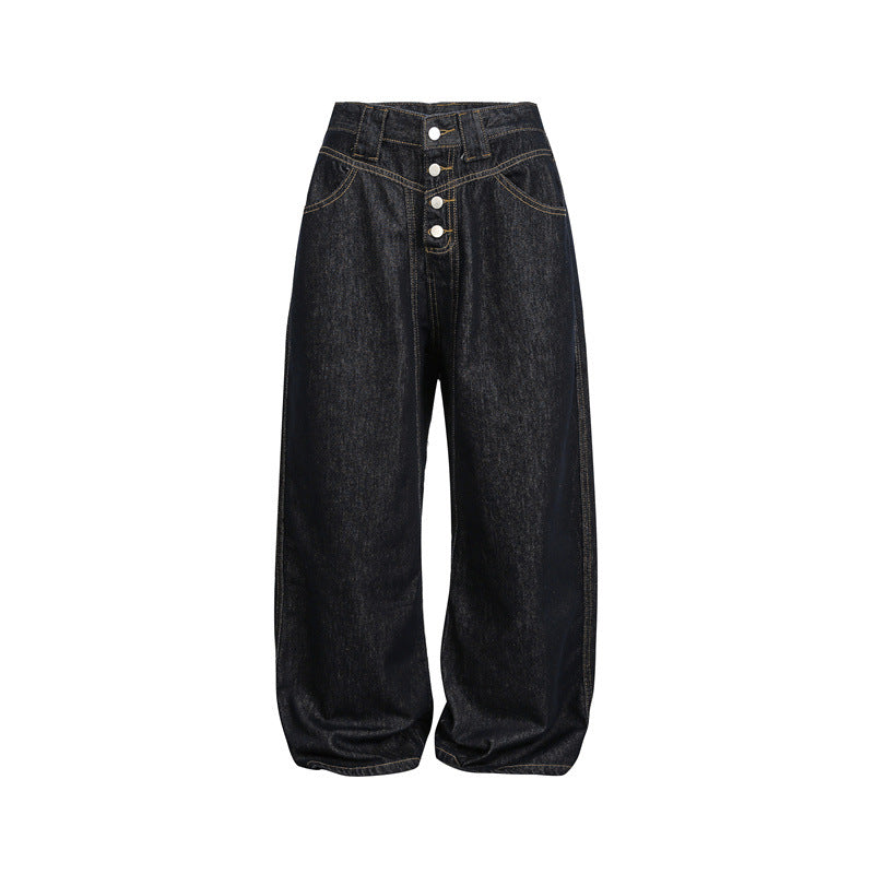 Damen hochtaillierte Baggy-Jeans in Ballonform mit sichtbarer Knopfleiste und markanten Nähten Drune