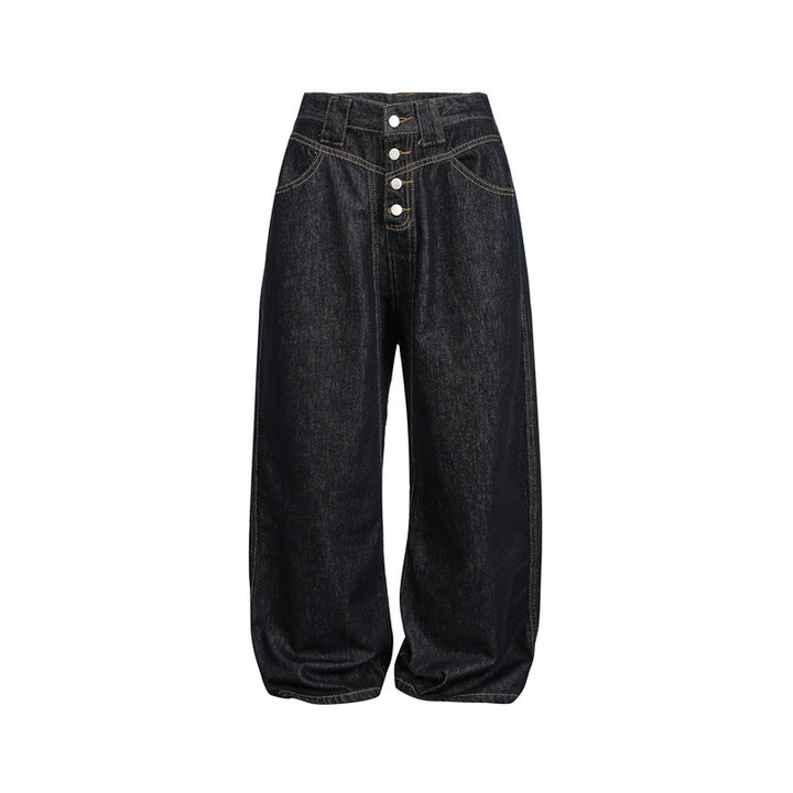 Damen hochtaillierte Baggy-Jeans in Ballonform mit sichtbarer Knopfleiste und markanten Nähten Drune