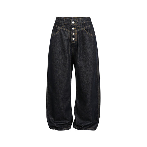 Damen hochtaillierte Baggy-Jeans in Ballonform mit sichtbarer Knopfleiste und markanten Nähten Drune