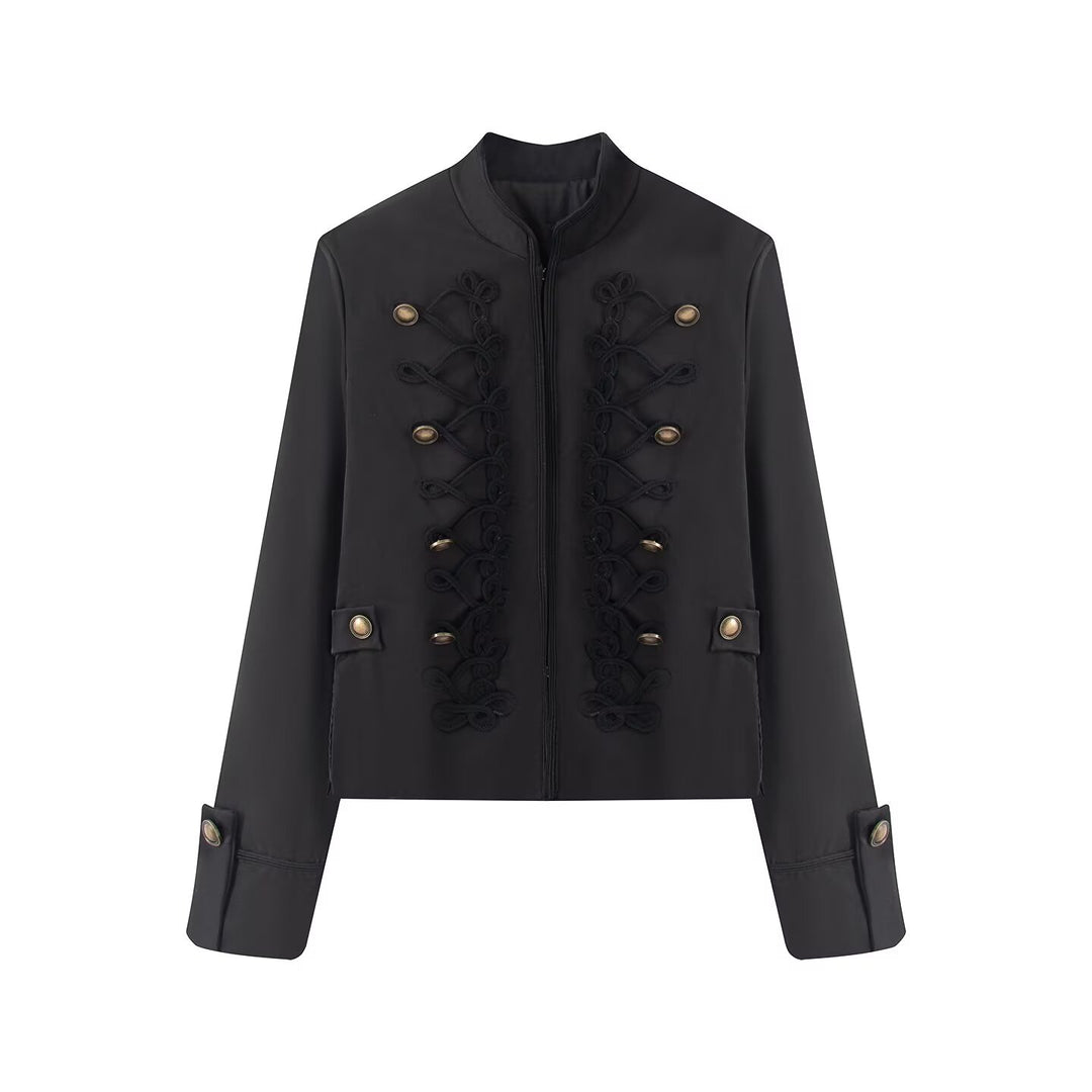 Damen Kurzjacke im Militärestil mit Stehkragen Kordverzierung und Zierknöpfen Drune