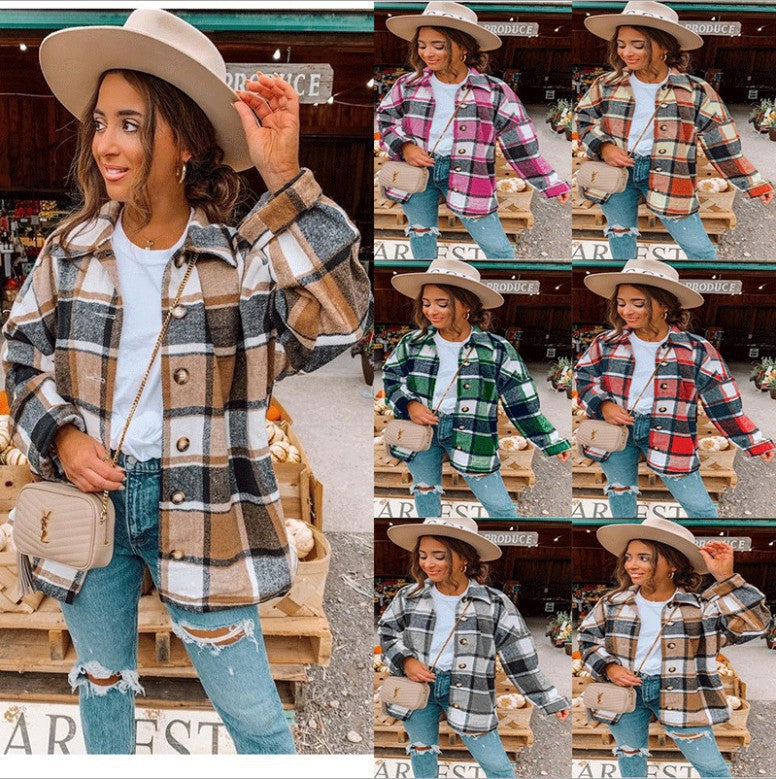 Damen Oversized Kariertes Flanell‑Shacket mit Brusttaschen und Holzknöpfen Drune