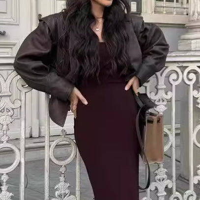 Damen stilvolle Kunstlederjacke mit Drapierung und taillierbarem Gürtel Drune