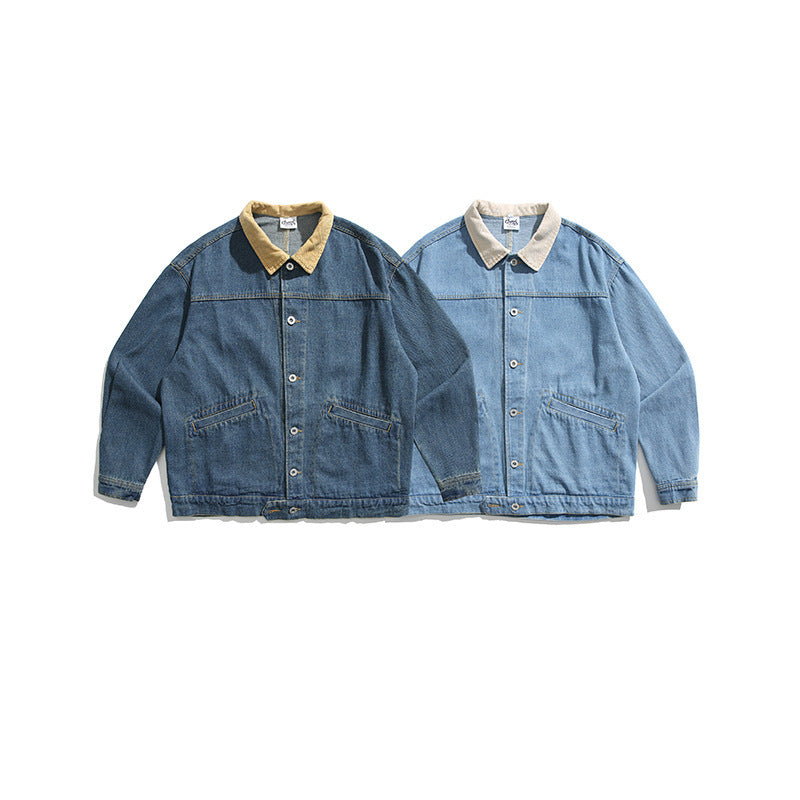 Unisex Boxy-Jeansjacke mit Cordkragen, Druckknopfleiste und Eingrifftaschen Drune