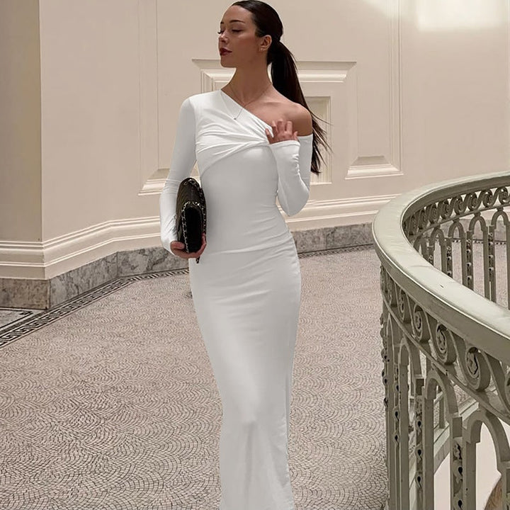 Damen Elegantes langärmliges Kleid mit asymmetrischem Ausschnitt Drune