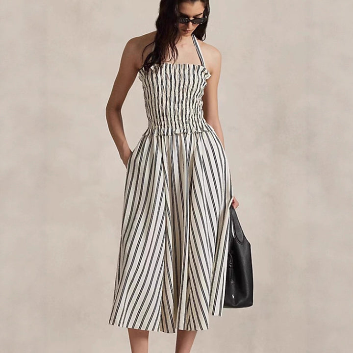 Damen nan Midikleid mit gerafftem Smock-Oberteil, abnehmbarem Neckholder und Eingrifftaschen Drune