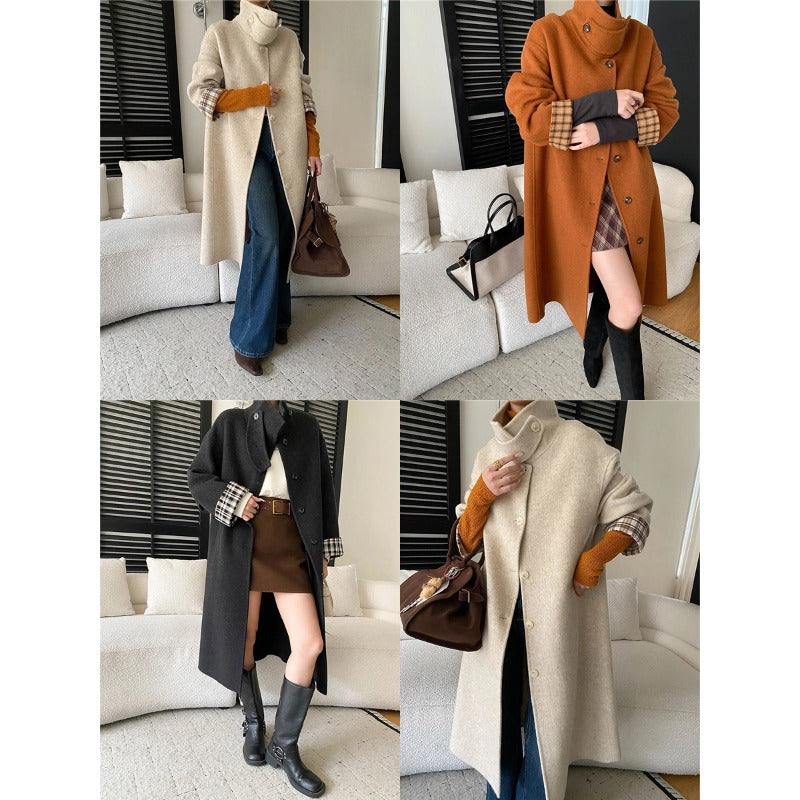 Damen eleganter Wollmantel mit Karo-Akzenten und hoher Knopfleiste Drune