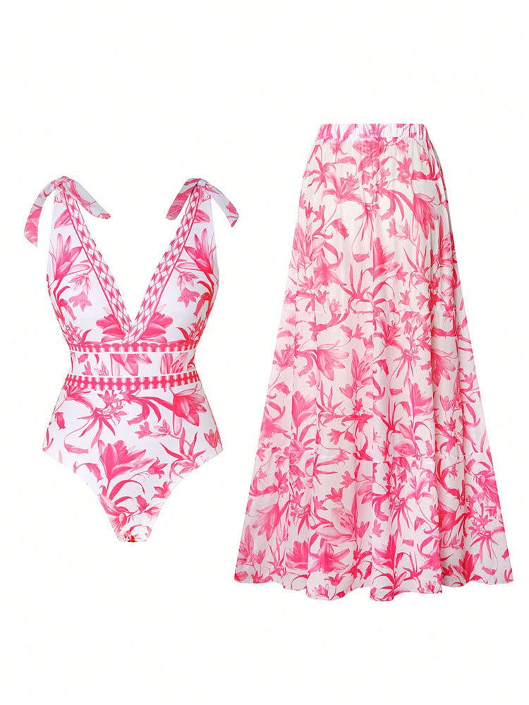 Damen Badeanzug mit floralem Design und passendem Maxiskirt Drune