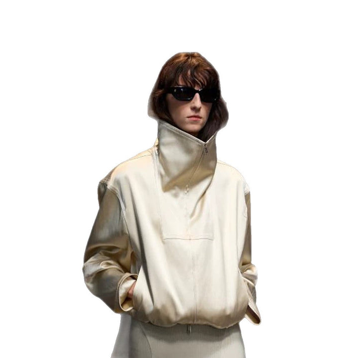 Damen Oversized Satin-Bomberjacke mit hohem Stehkragen, Halbreißverschluss und Gummizugsaum Drune