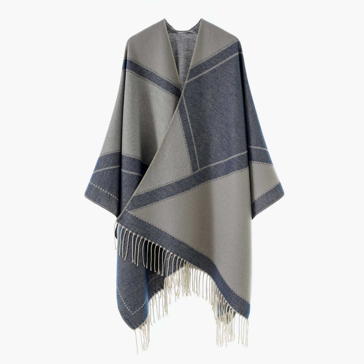 Damen Großer Wollmix Fransenponcho mit diagonalen Kontraststreifen Drune