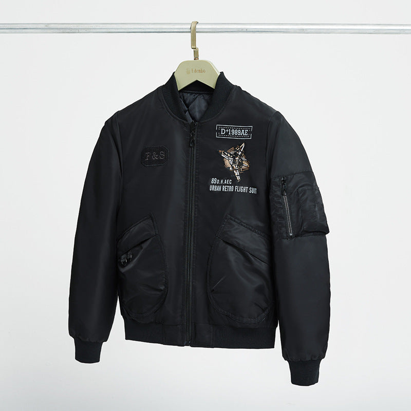 Men's  padded pilot-style bomber jacket with embroidered jet motif and dual angled front cargo pockets Drune