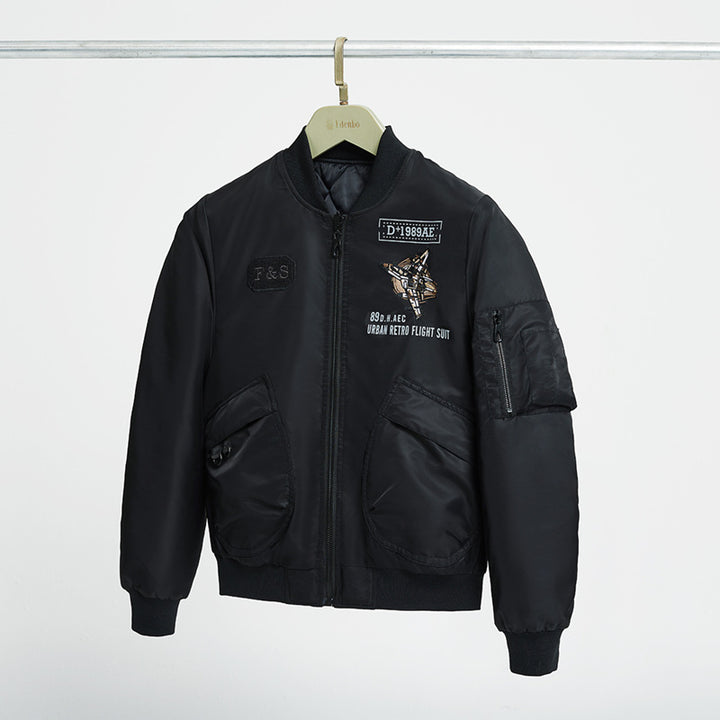 Men's  padded pilot-style bomber jacket with embroidered jet motif and dual angled front cargo pockets Drune