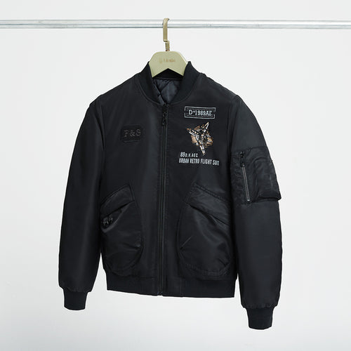 Men's  padded pilot-style bomber jacket with embroidered jet motif and dual angled front cargo pockets Drune