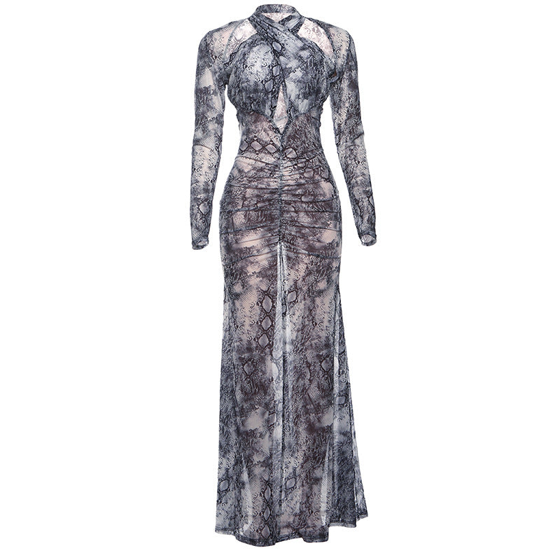 Damen Schlangehaut Maxikleid mit raffiniertem Schnitt und Deep-V-Ausschnitt Drune