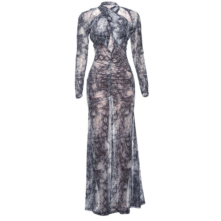 Damen Schlangehaut Maxikleid mit raffiniertem Schnitt und Deep-V-Ausschnitt Drune