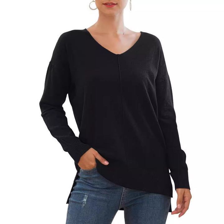 Damen eleganter V-Ausschnitt Pullover mit asymmetrischem Saum Drune