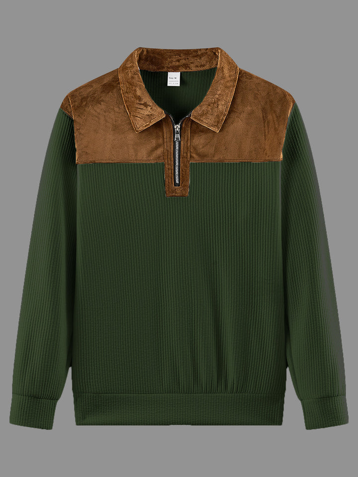 Unisex nan feinstrukturierter Strickpullover mit halbem Reißverschlusskragen und Samtbesatz Drune