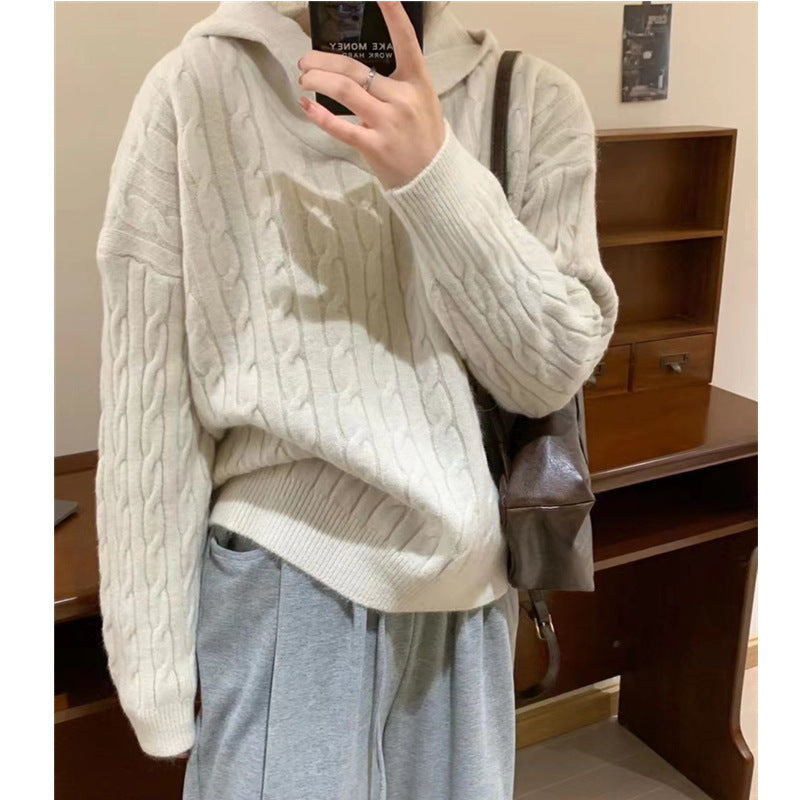 Damen Kuscheliger Strickpullover mit Kapuze und Zopfmuster Drune